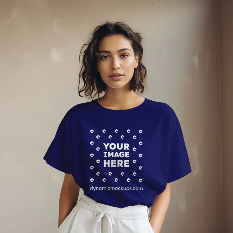 Woman Wearing Navy Blue T-shirt Mockup Front View Template