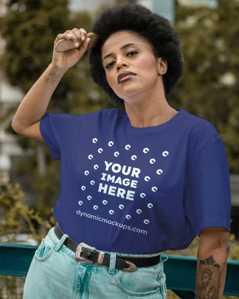 Woman Wearing Navy Blue T-shirt Mockup Front View Template