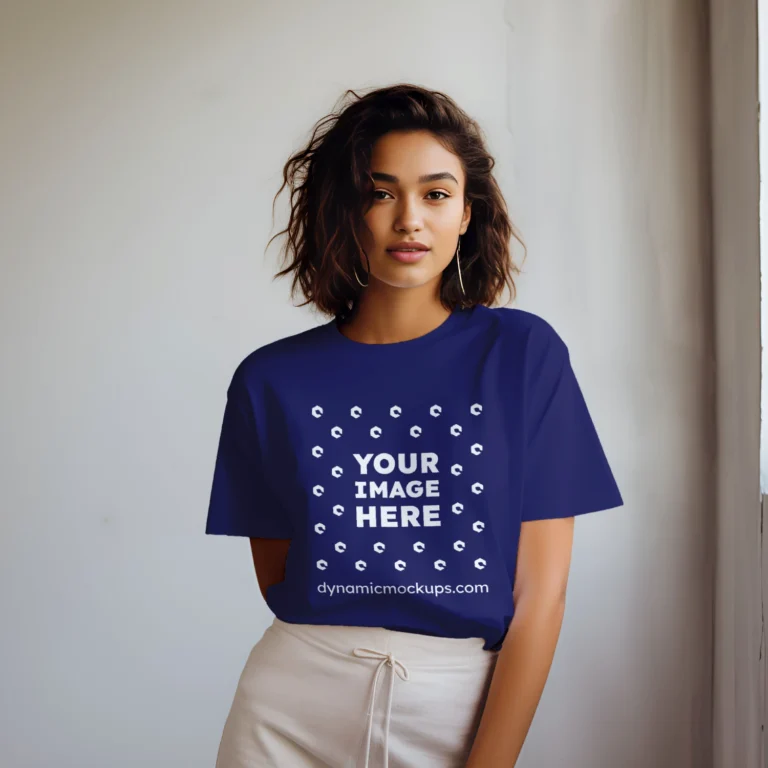 Woman Wearing Navy Blue T-shirt Mockup Front View Template