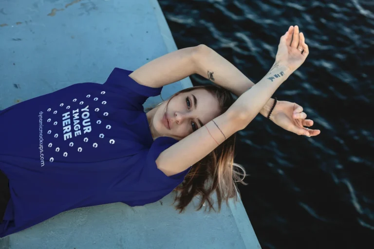 Woman Wearing Navy Blue T-shirt Mockup Front View Template