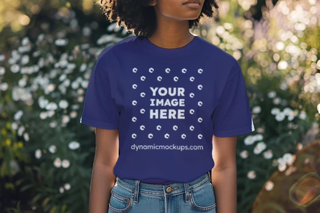 Woman Wearing Navy Blue T-shirt Mockup Front View Template