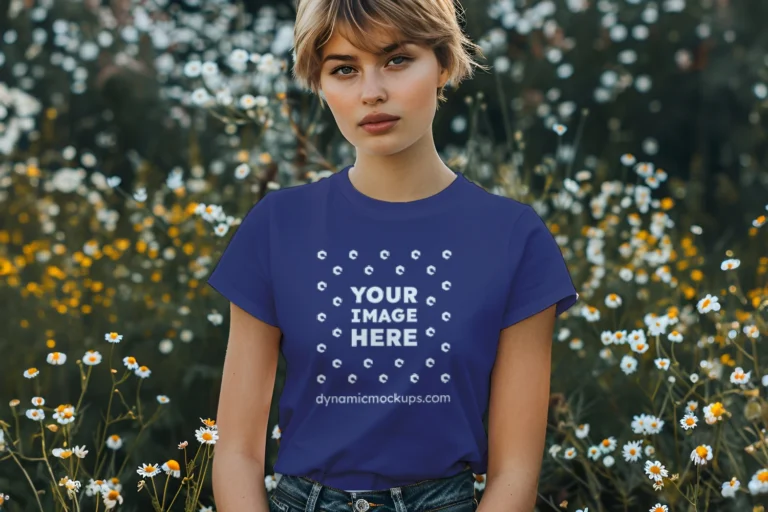 Woman Wearing Navy Blue T-shirt Mockup Front View Template