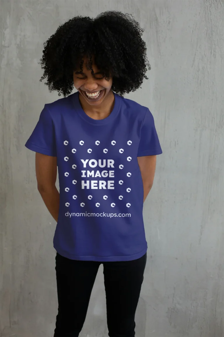 Woman Wearing Navy Blue T-shirt Mockup Front View Template