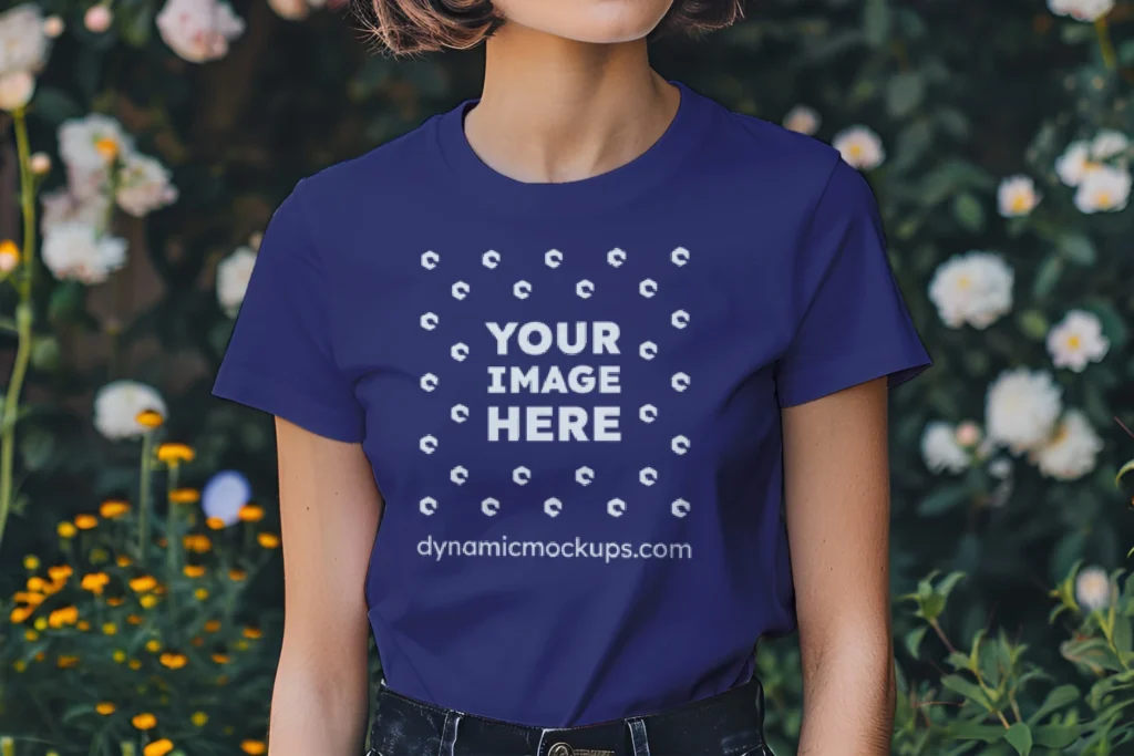 Woman Wearing Navy Blue T-shirt Mockup Front View Template