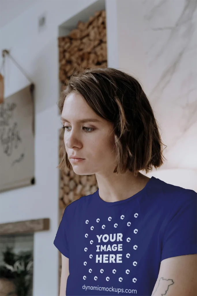 Woman Wearing Navy Blue T-shirt Mockup Front View Template