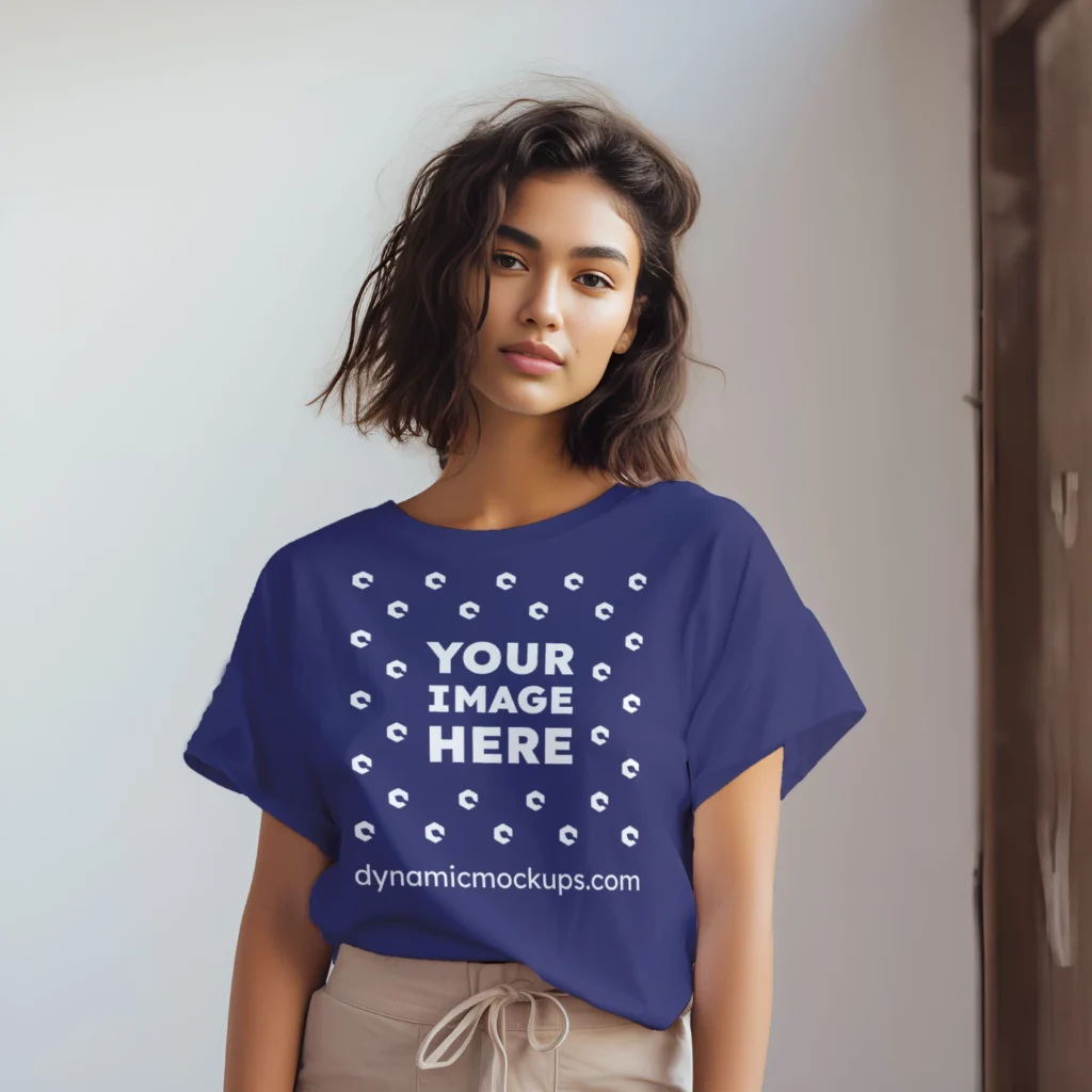 Woman Wearing Navy Blue T-shirt Mockup Front View Template