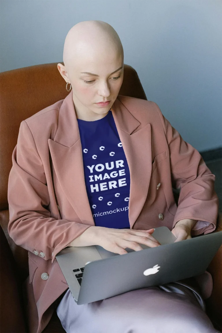 Woman Wearing Navy Blue T-shirt Mockup Front View Template