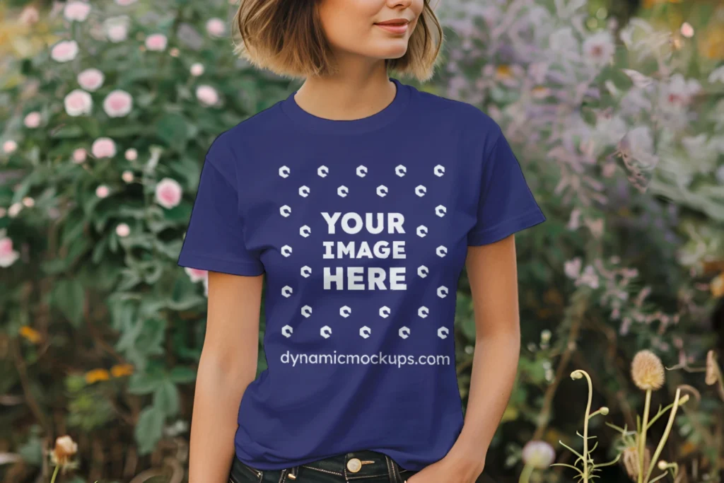 Woman Wearing Navy Blue T-shirt Mockup Front View Template