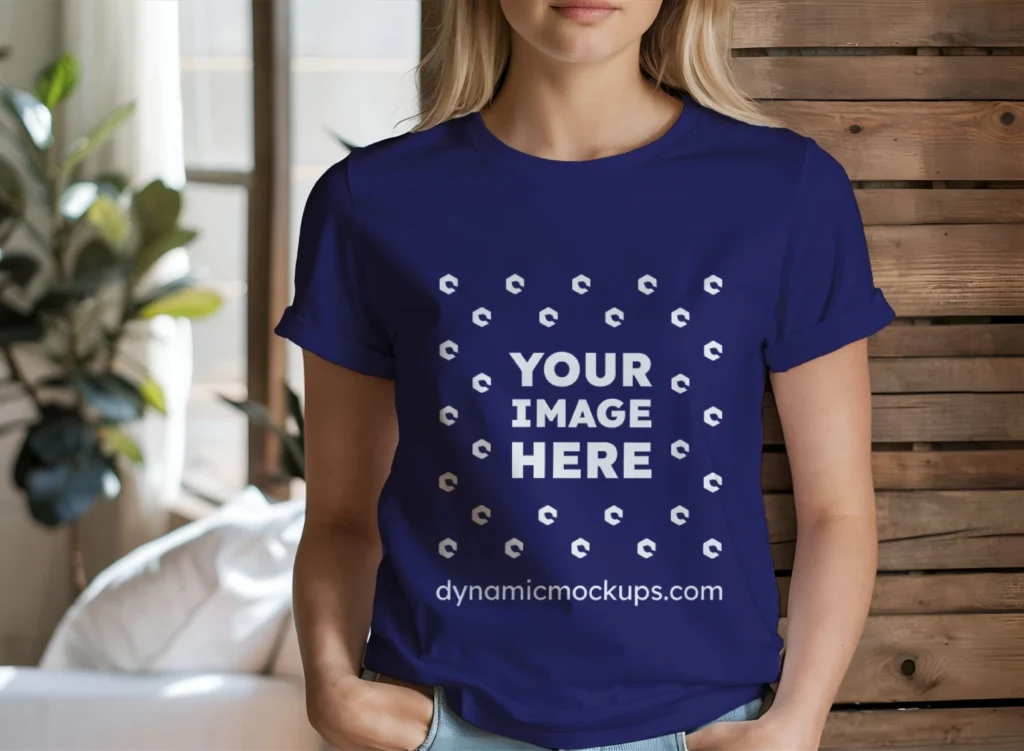 Woman Wearing Navy Blue T-shirt Mockup Front View Template