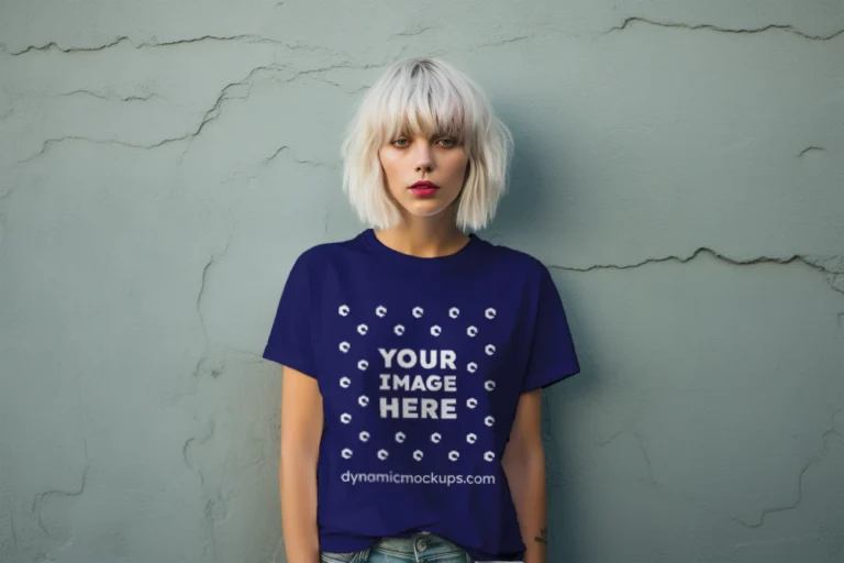 Woman Wearing Navy Blue T-shirt Mockup Front View Template