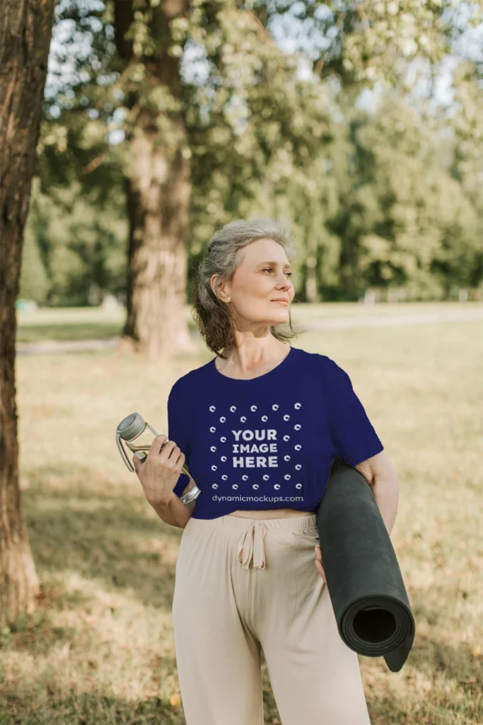 Woman Wearing Navy Blue T-shirt Mockup Front View Template