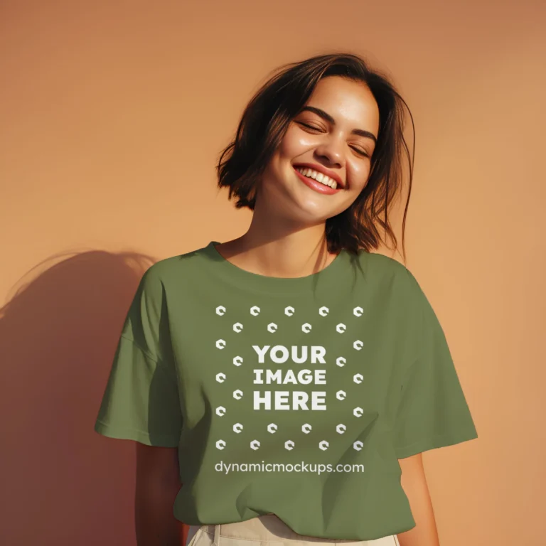 Woman Wearing Olive Green T-shirt Mockup Front View Template