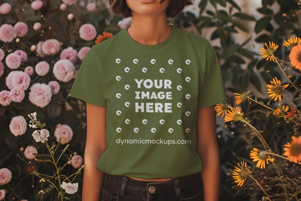 Woman Wearing Olive Green T-shirt Mockup Front View Template