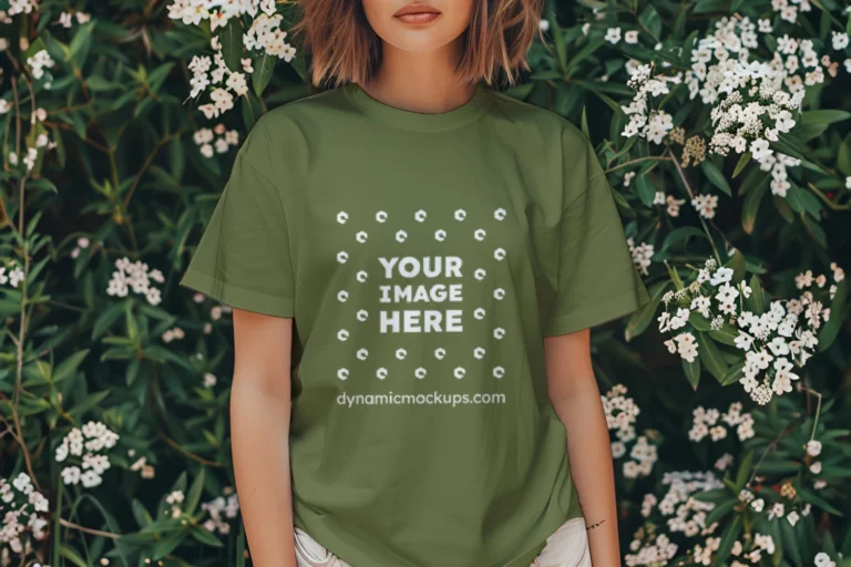 Woman Wearing Olive Green T-shirt Mockup Front View Template