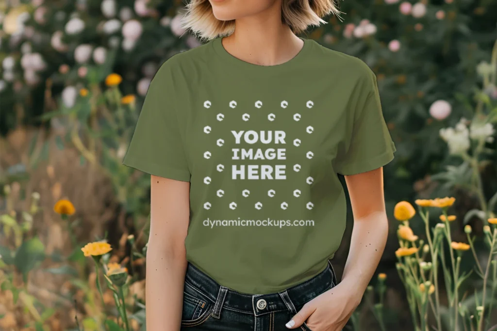 Woman Wearing Olive Green T-shirt Mockup Front View Template