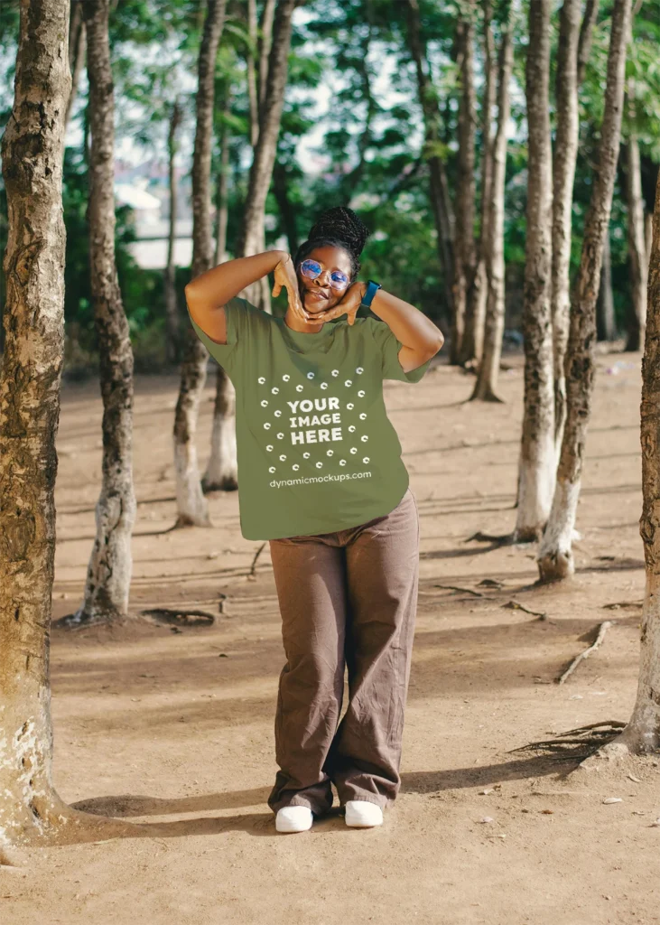 Woman Wearing Olive Green T-shirt Mockup Front View Template