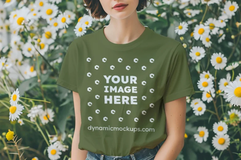 Woman Wearing Olive Green T-shirt Mockup Front View Template