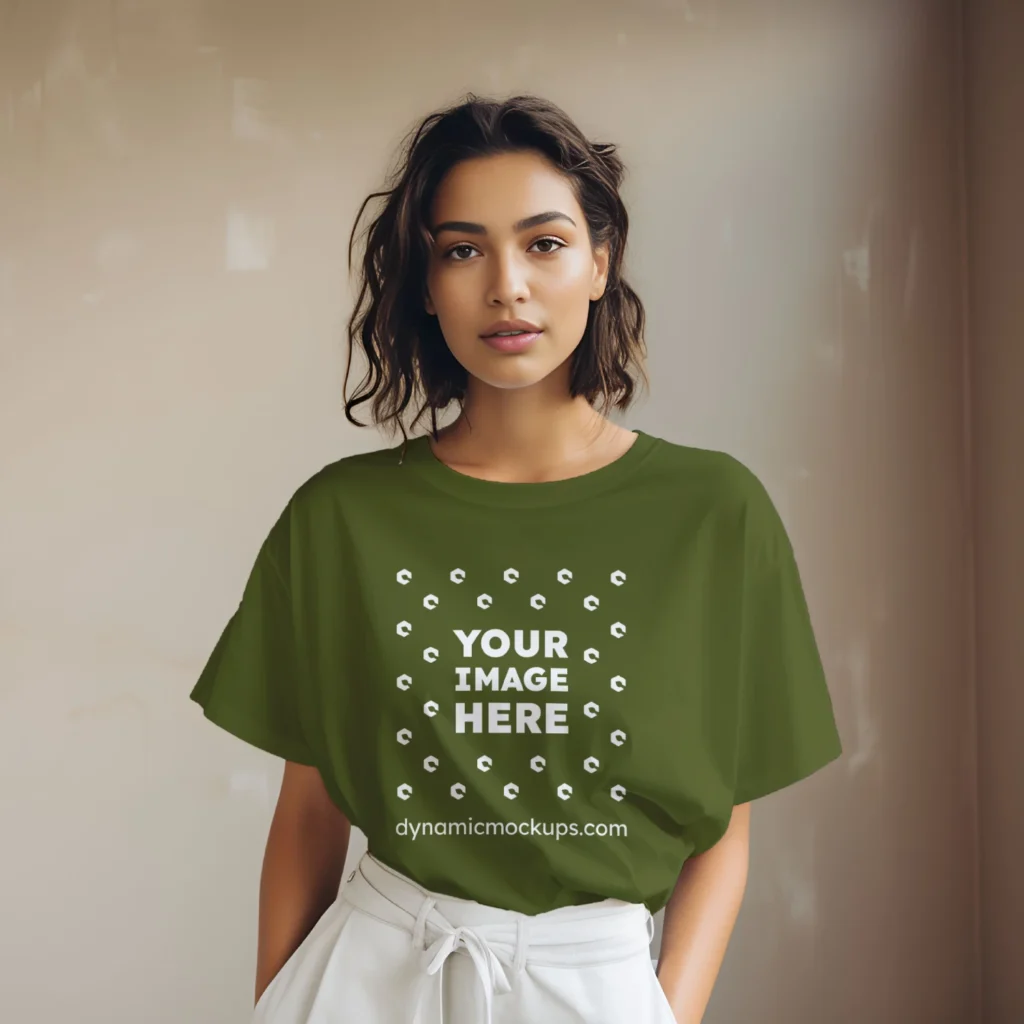 Woman Wearing Olive Green T-shirt Mockup Front View Template