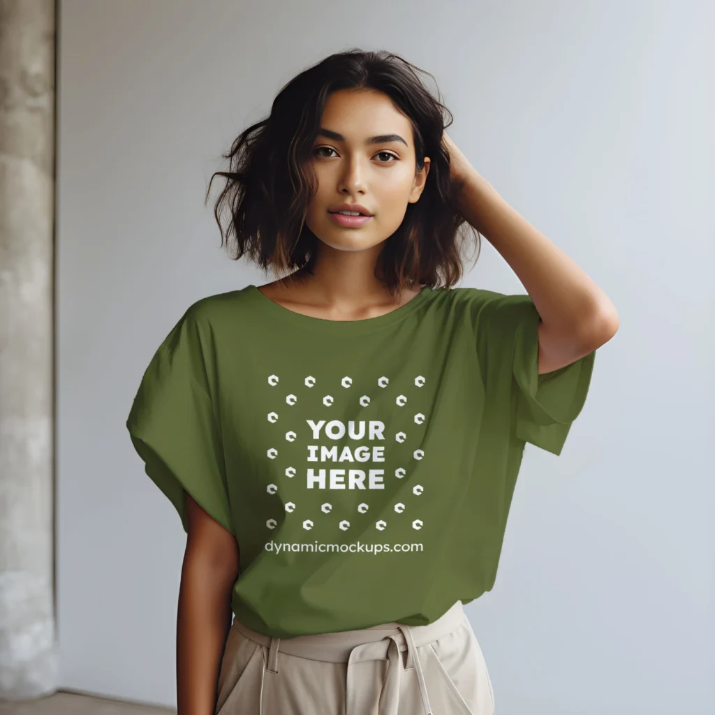 Woman Wearing Olive Green T-shirt Mockup Front View Template