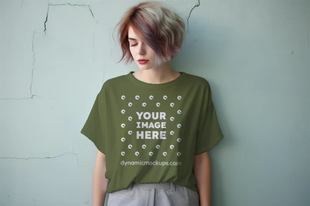 Woman Wearing Olive Green T-shirt Mockup Front View Template