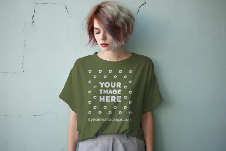 Woman Wearing Olive Green T-shirt Mockup Front View Template