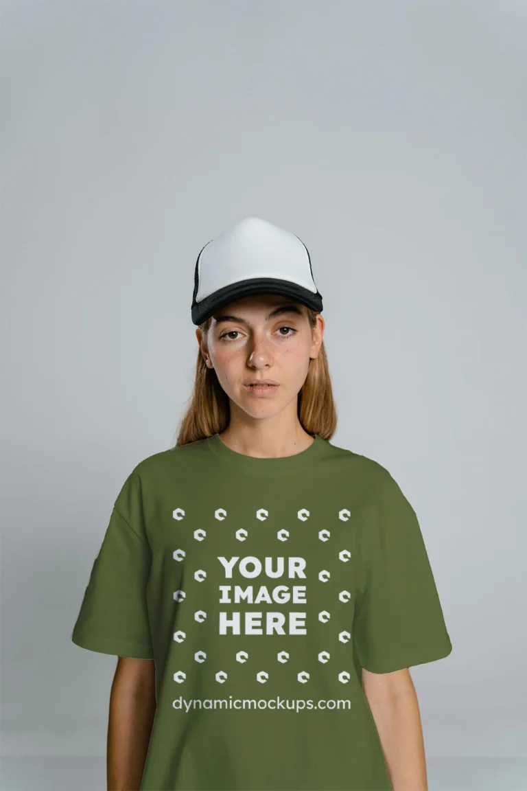 Woman Wearing Olive Green T-shirt Mockup Front View Template