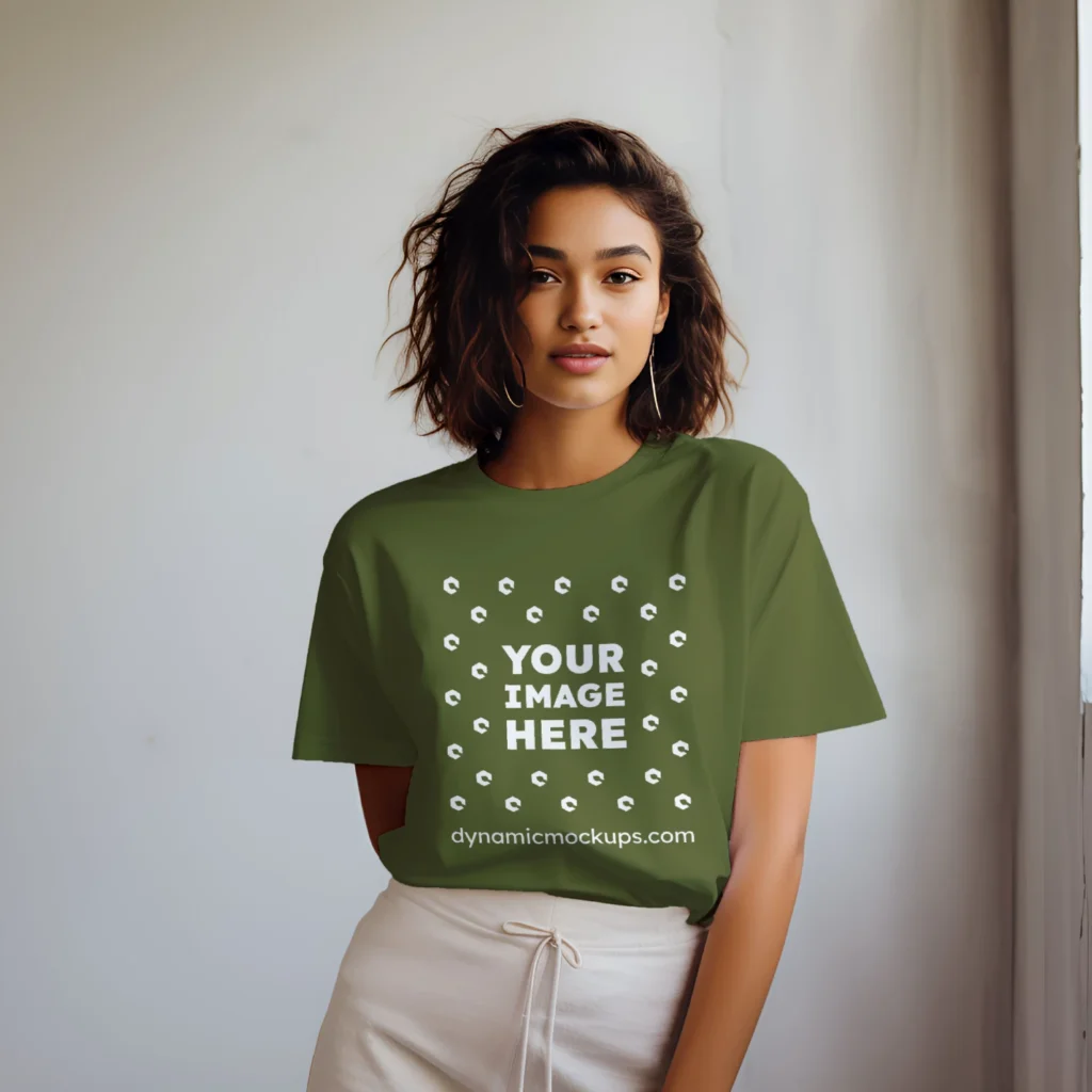 Woman Wearing Olive Green T-shirt Mockup Front View Template