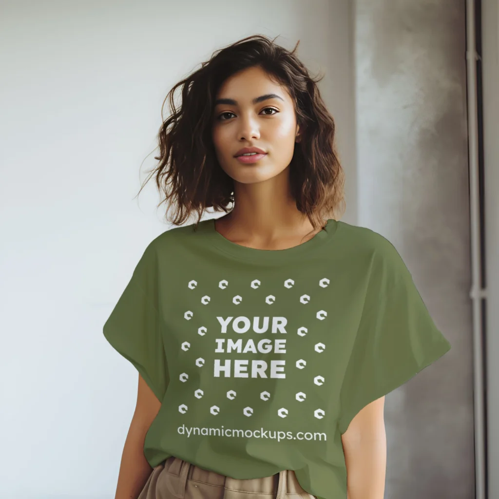 Woman Wearing Olive Green T-shirt Mockup Front View Template