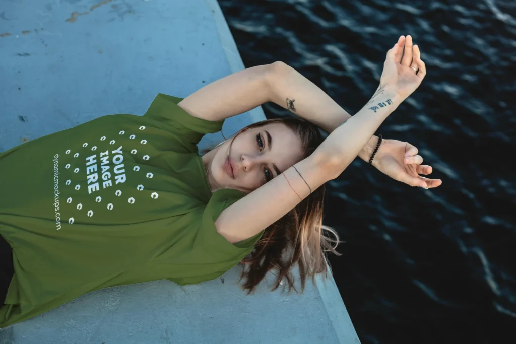 Woman Wearing Olive Green T-shirt Mockup Front View Template