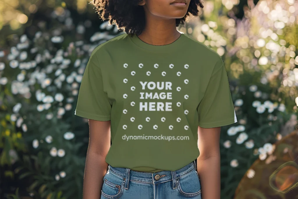 Woman Wearing Olive Green T-shirt Mockup Front View Template