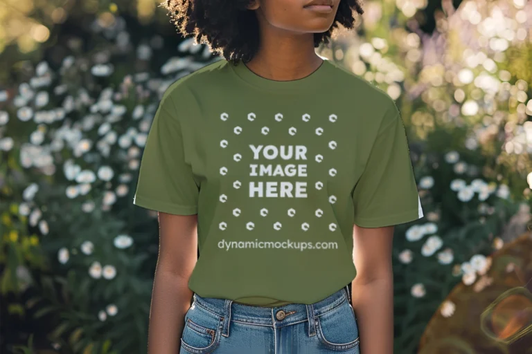 Woman Wearing Olive Green T-shirt Mockup Front View Template