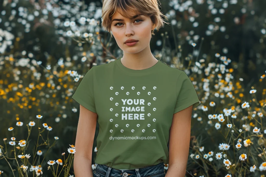 Woman Wearing Olive Green T-shirt Mockup Front View Template