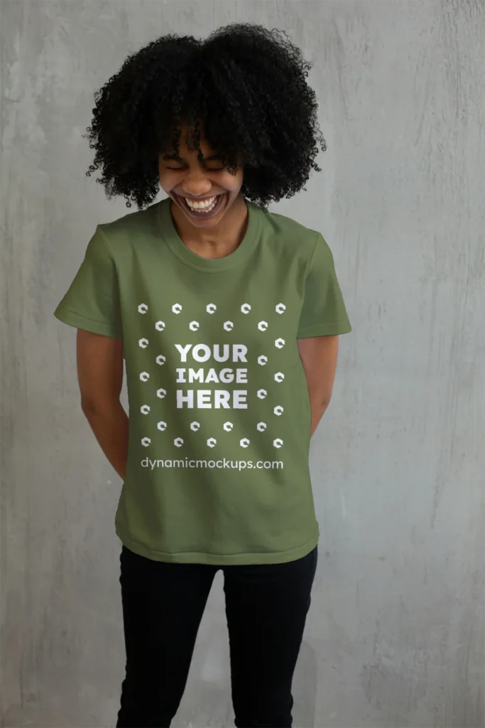 Woman Wearing Olive Green T-shirt Mockup Front View Template