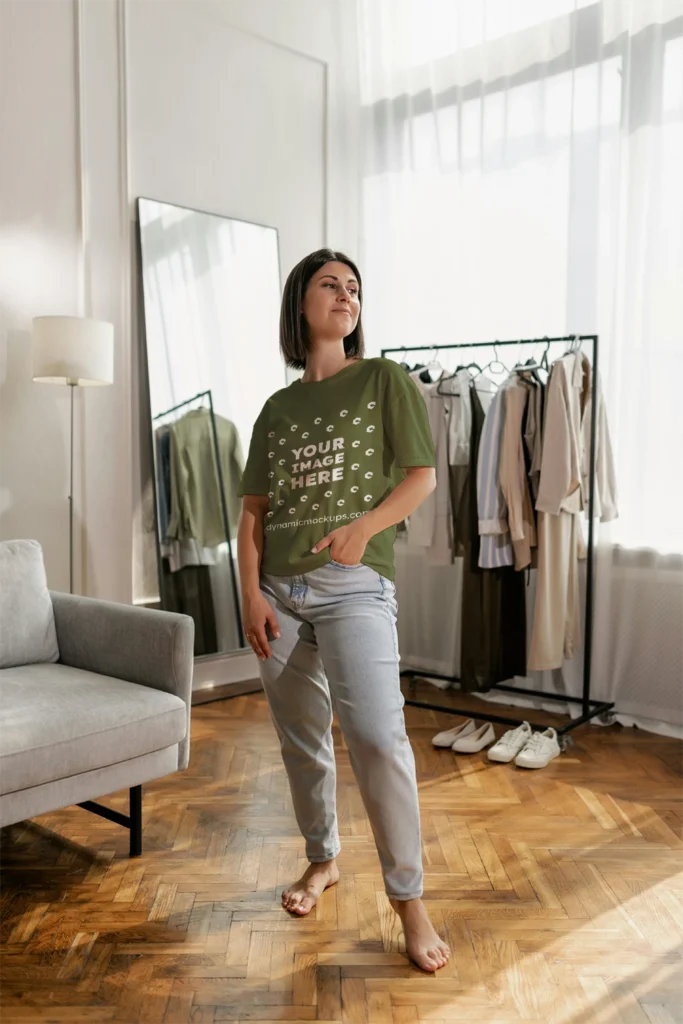 Woman Wearing Olive Green T-shirt Mockup Front View Template