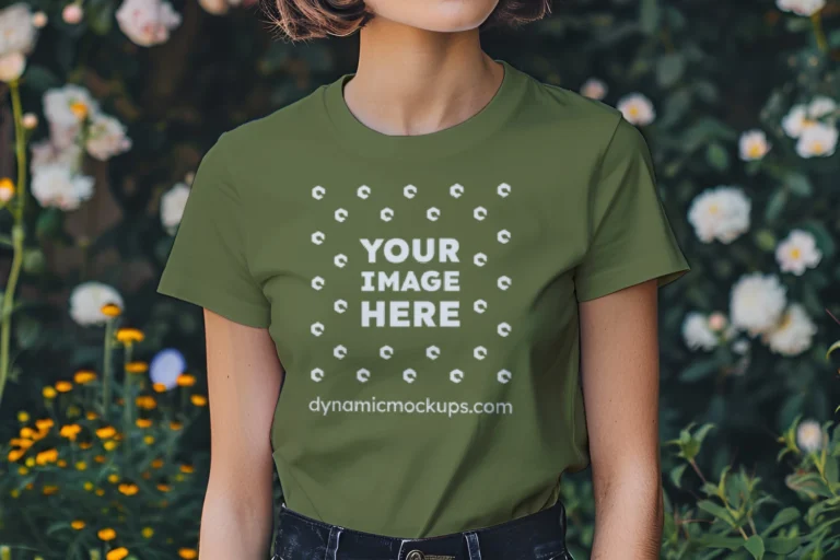 Woman Wearing Olive Green T-shirt Mockup Front View Template