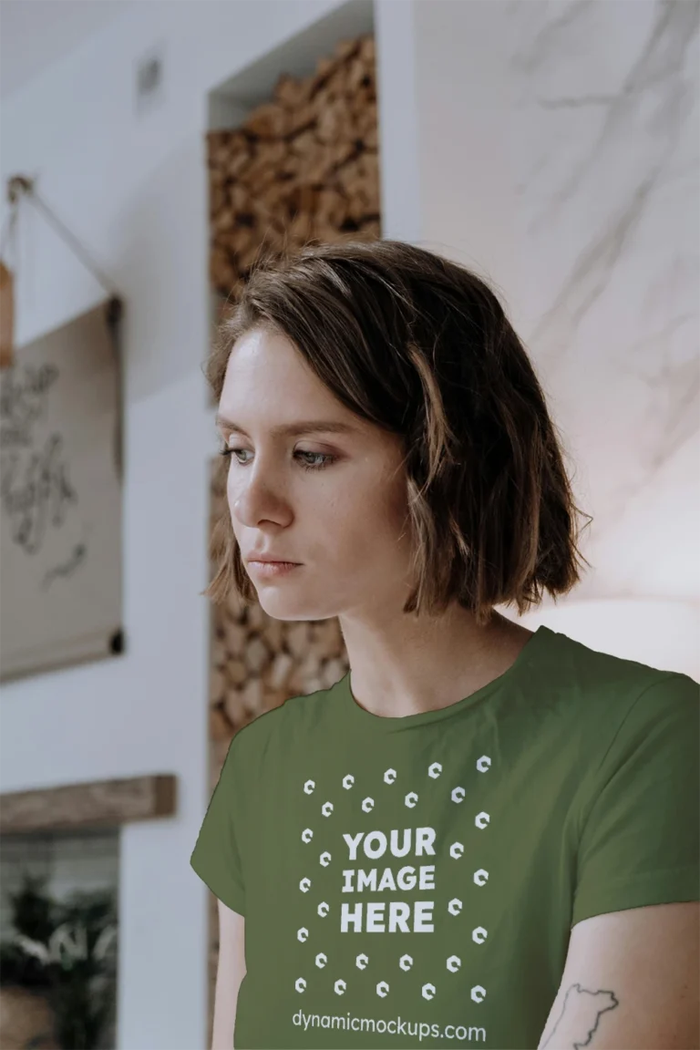 Woman Wearing Olive Green T-shirt Mockup Front View Template