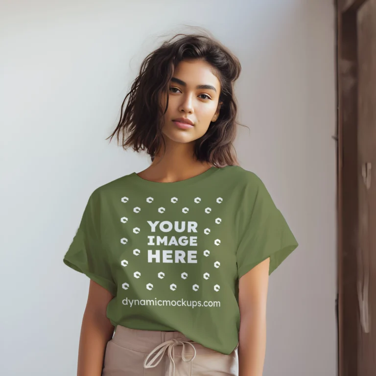 Woman Wearing Olive Green T-shirt Mockup Front View Template