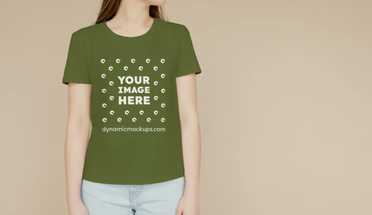 Woman Wearing Olive Green T-shirt Mockup Front View Template