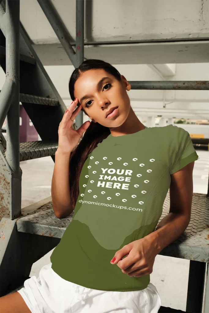 Woman Wearing Olive Green T-shirt Mockup Front View Template