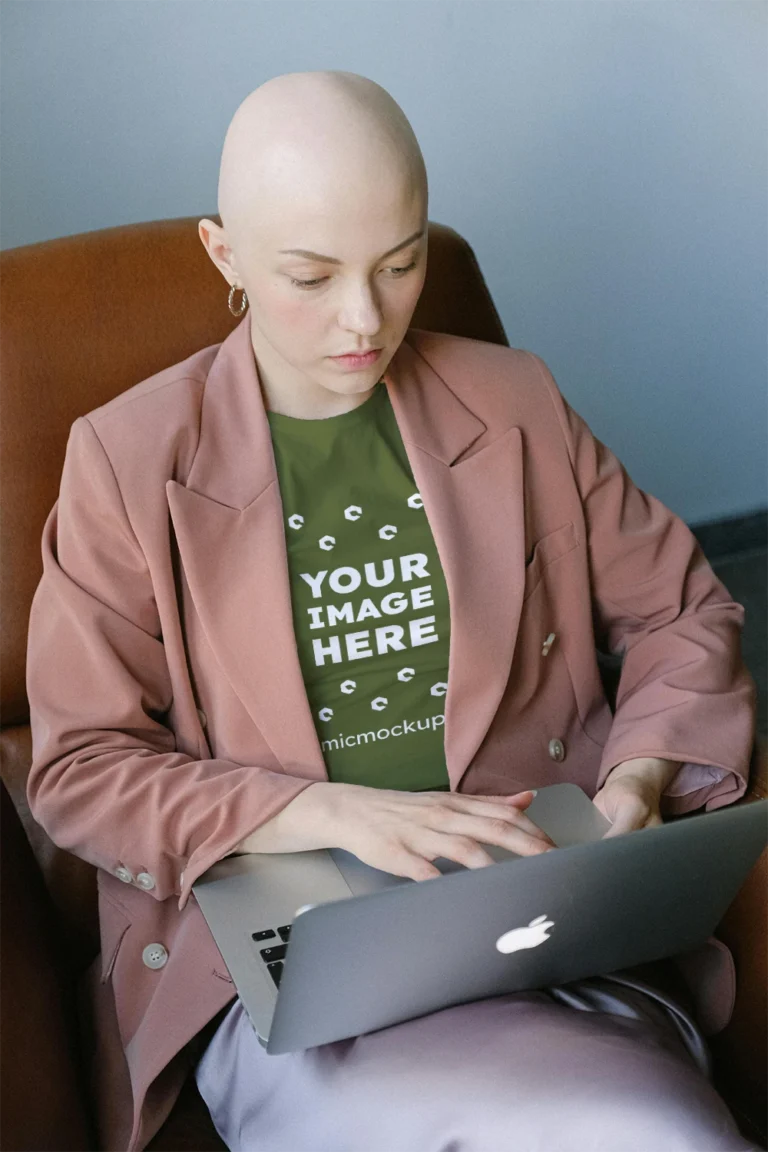 Woman Wearing Olive Green T-shirt Mockup Front View Template