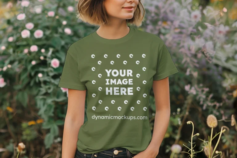 Woman Wearing Olive Green T-shirt Mockup Front View Template