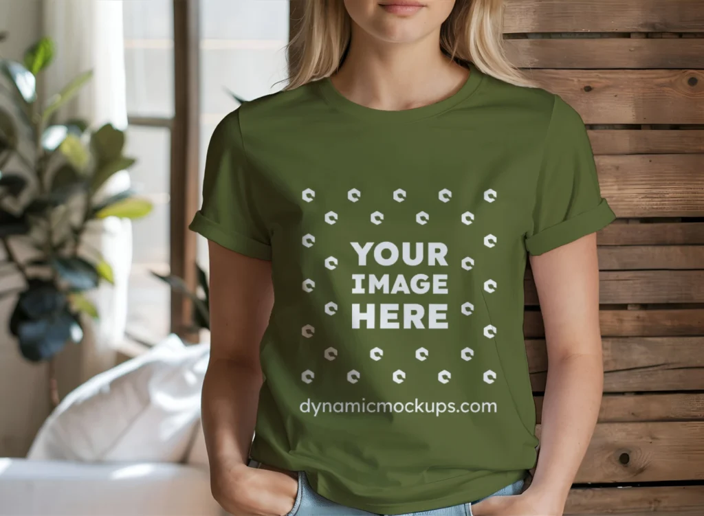 Woman Wearing Olive Green T-shirt Mockup Front View Template