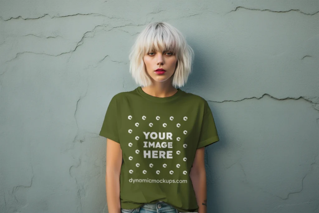 Woman Wearing Olive Green T-shirt Mockup Front View Template