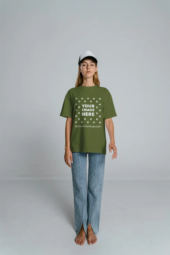 Woman Wearing Olive Green T-shirt Mockup Front View Template