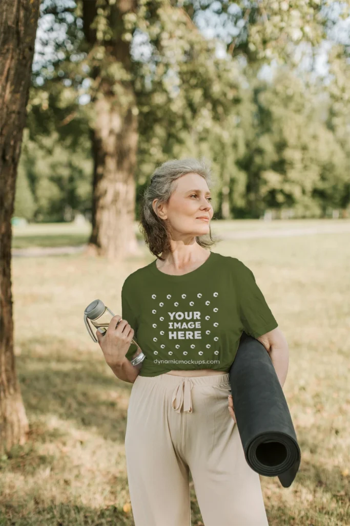 Woman Wearing Olive Green T-shirt Mockup Front View Template