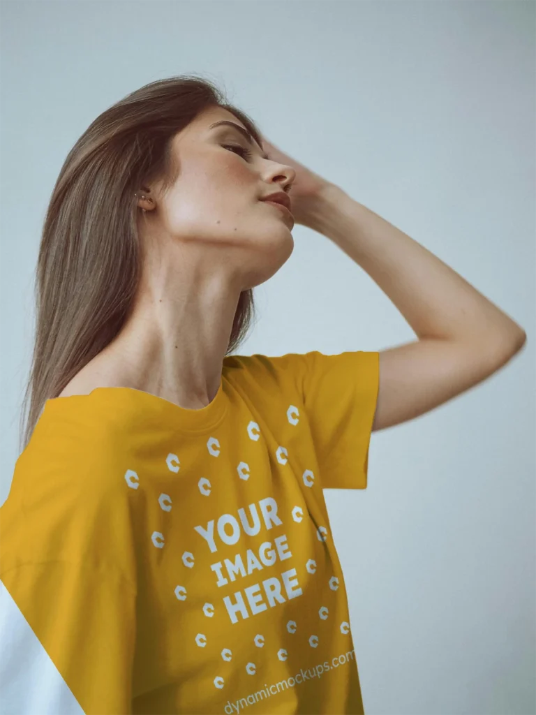 Woman Wearing Orange T-shirt Mockup Front View Template