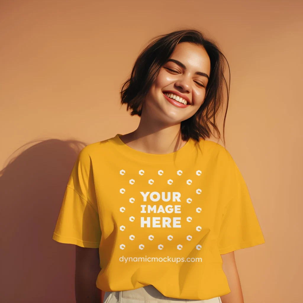 Woman Wearing Orange T-shirt Mockup Front View Template