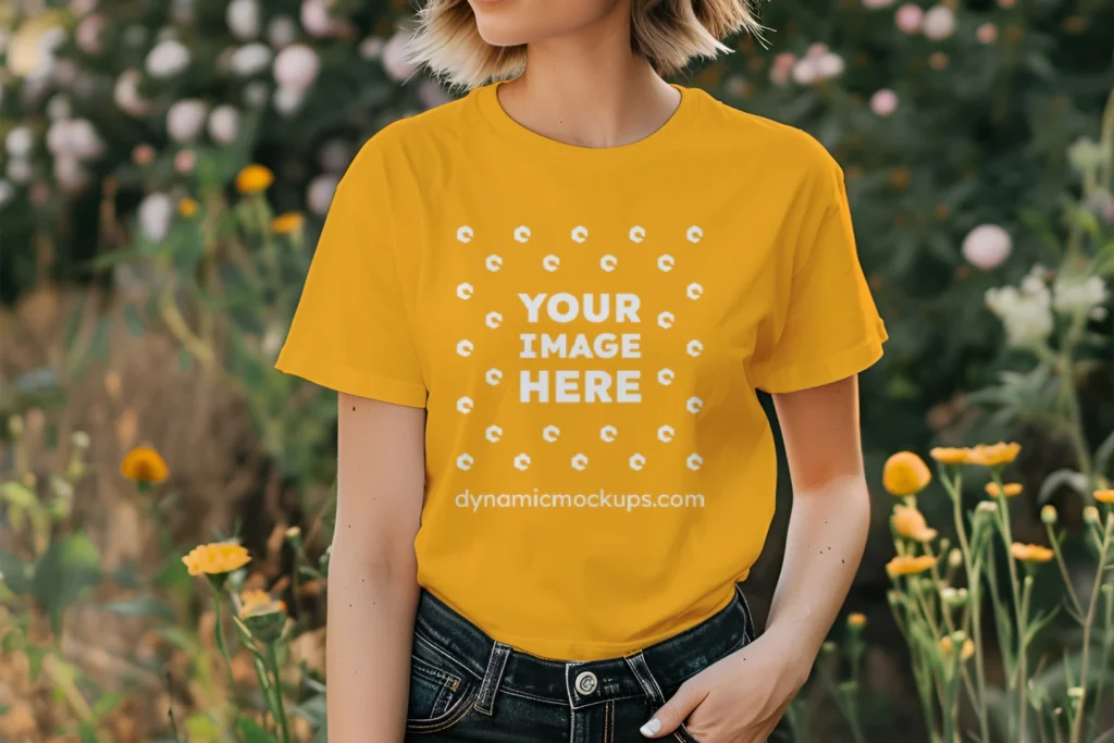 Woman Wearing Orange T-shirt Mockup Front View Template