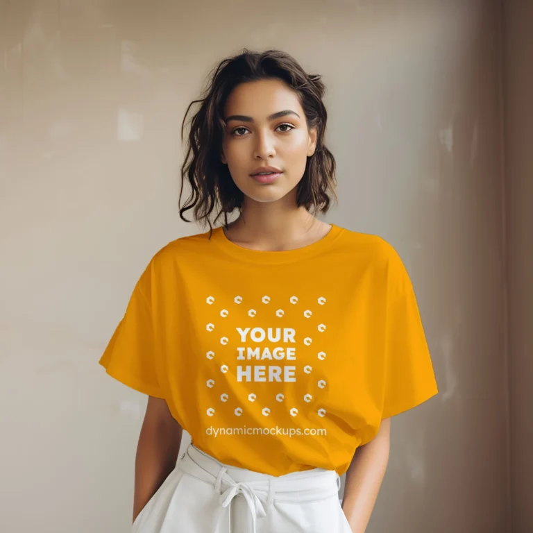 Woman Wearing Orange T-shirt Mockup Front View Template