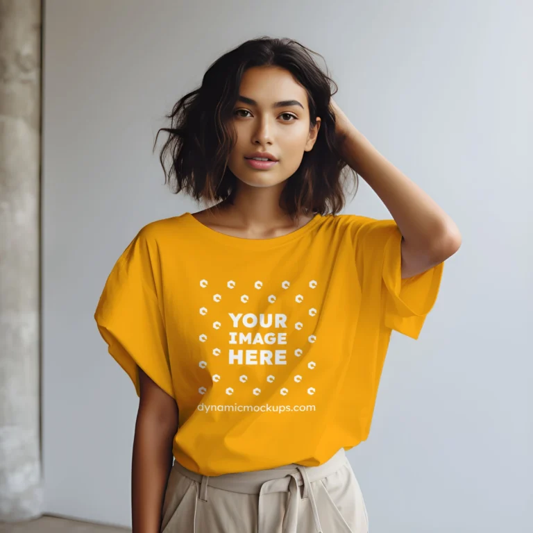 Woman Wearing Orange T-shirt Mockup Front View Template